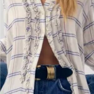 Anthropologie Pilcro Plaid Tuxedo Buttondown Shirt Size XXS Blue White Ruffle